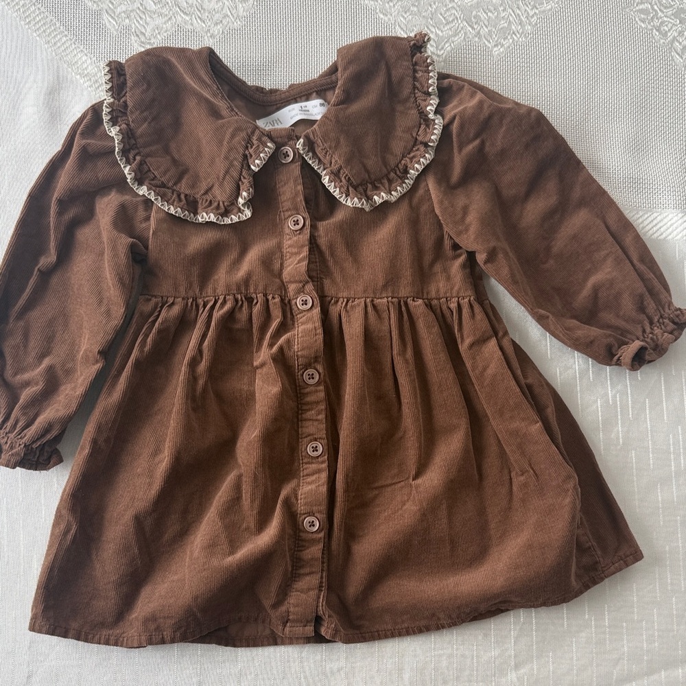 Zara Girls 18M Brown Corduroy Dress with Ruffled Collar